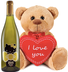Hello Kitty "Pinot Noir Vinif. Bianco" teddy bear holding a heart with "I love you"