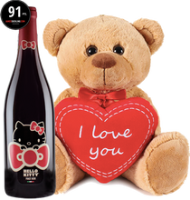Laden Sie das Bild in den Galerie-Viewer, Hello Kitty Pinot Noir Teddybär hält ein Herz mit &quot;I love you&quot;
