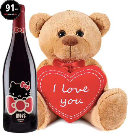 Hello Kitty Pinot Noir teddy bear holding a heart with 