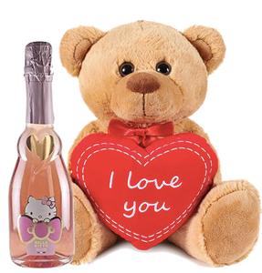 Hello Kitty Sweet Pink Sparkling Rosé teddy bear holding a heart with "I love you"