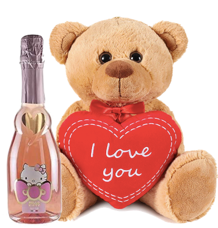 Hello Kitty Sweet Pink Sparkling Rosé teddy bear holding a heart with 